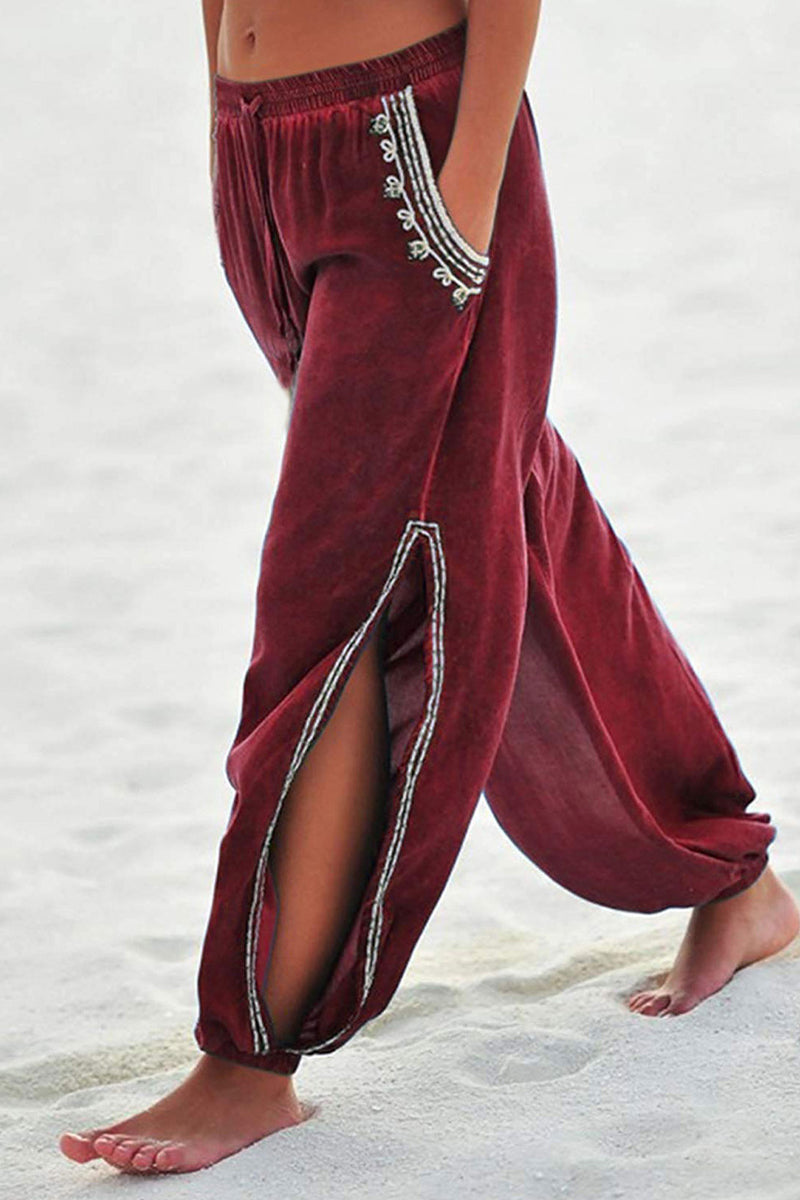 LD Holiday Print Tassel Patchwork Split Loose Harlan Patchwork Pants