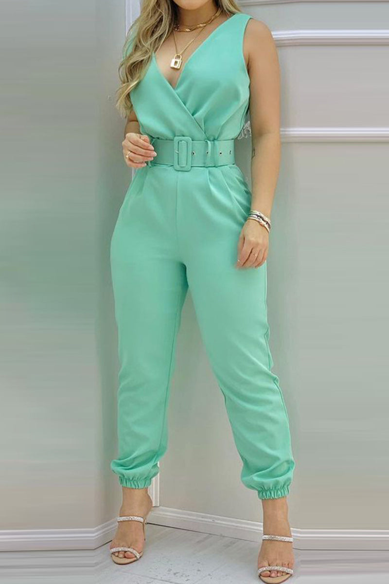 Sexy Lounging Solid Backless with Strap V Neck Regular Jumpsuits