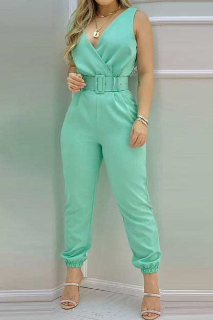 Sexy Lounging Solid Backless with Strap V Neck Regular Jumpsuits