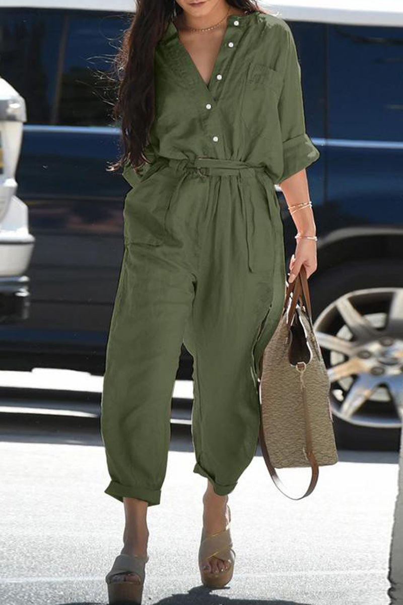 LD Casual Everyday Solid Frenulum Turn-down Collar Regular Jumpsuits (3 colours)