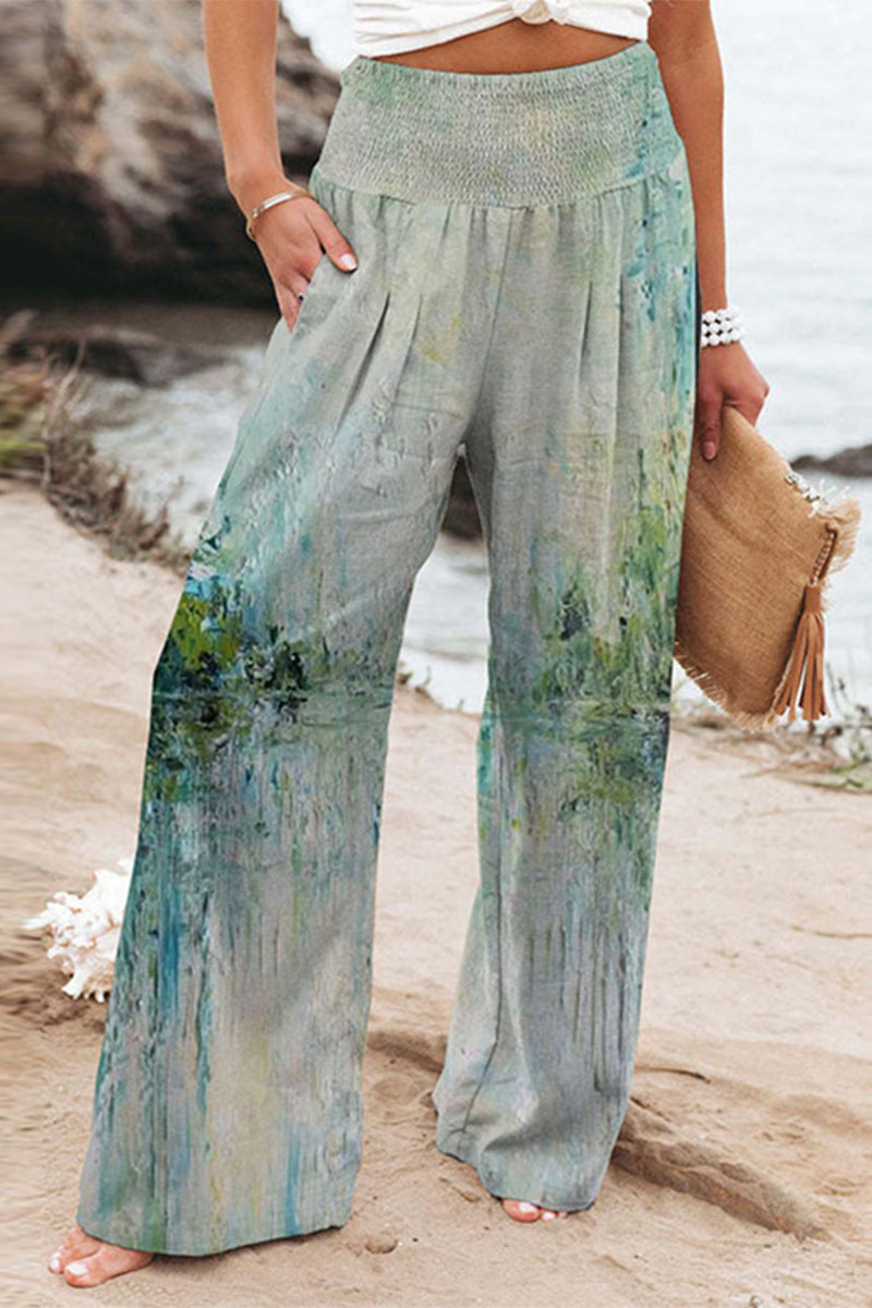 Casual Holiday Print Patchwork Loose High Waist Wide Leg Position Pants