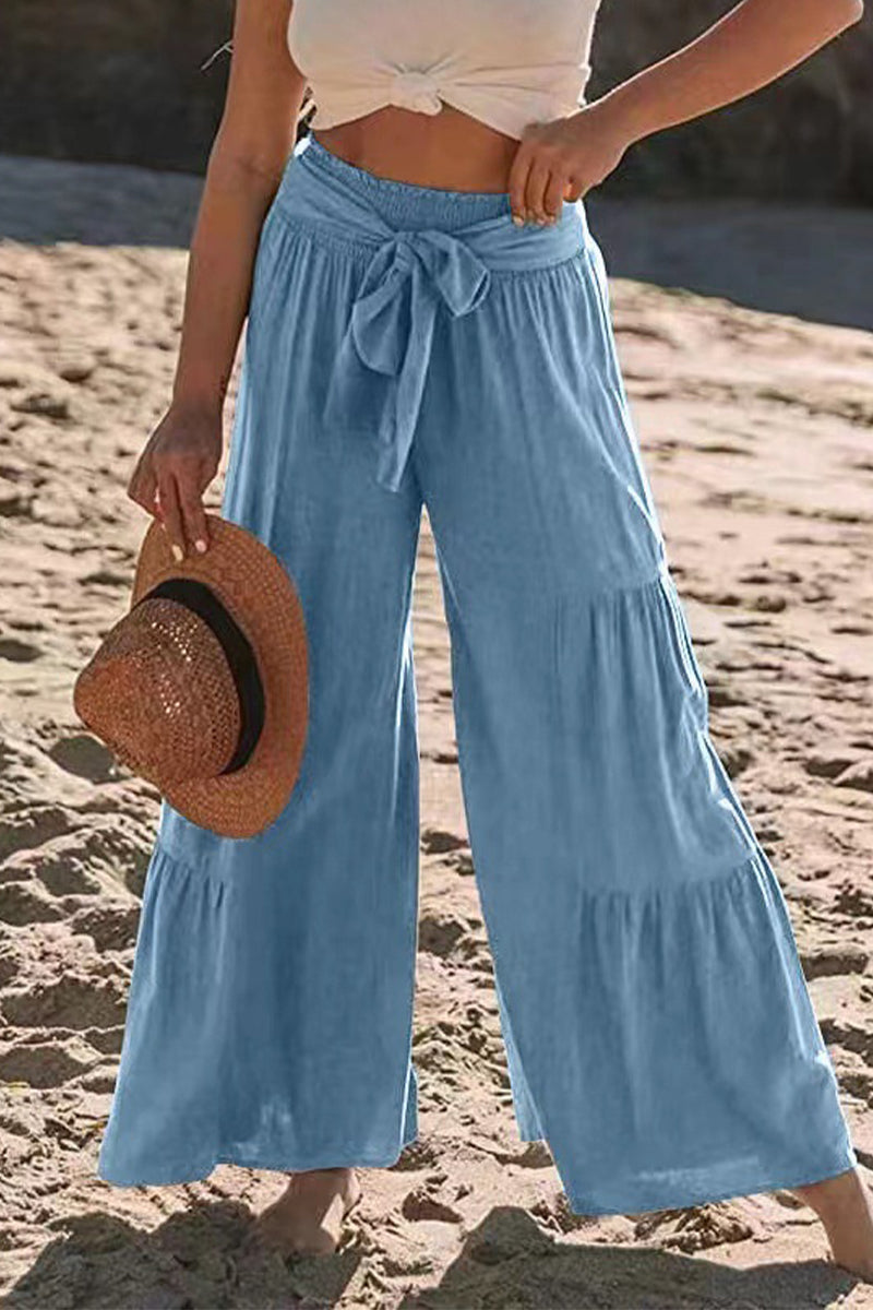 Casual Holiday Solid Bandage Pleats Loose High Waist Wide Leg Solid Color Pants