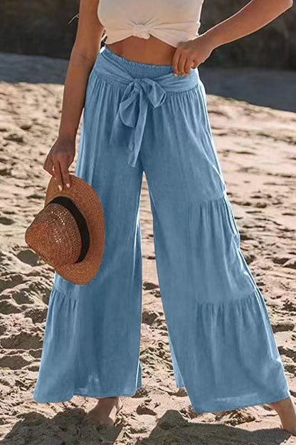 Casual Holiday Solid Bandage Pleats Loose High Waist Wide Leg Solid Color Pants