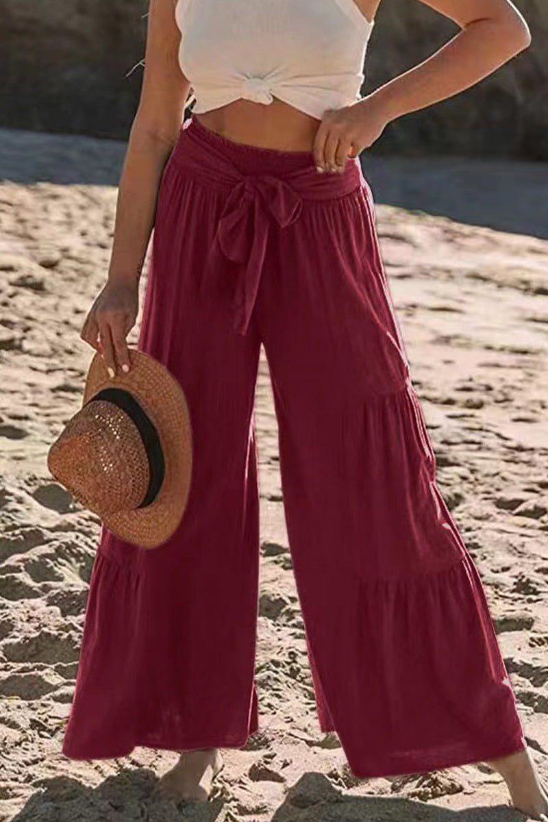 Casual Holiday Solid Bandage Pleats Loose High Waist Wide Leg Solid Color Pants
