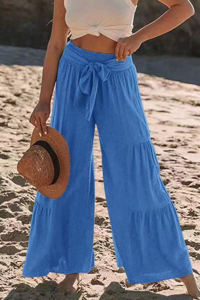 Casual Holiday Solid Bandage Pleats Loose High Waist Wide Leg Solid Color Pants