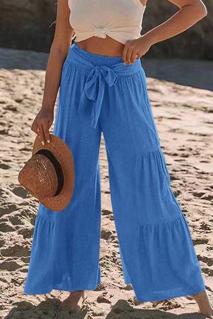 Casual Holiday Solid Bandage Pleats Loose High Waist Wide Leg Solid Color Pants