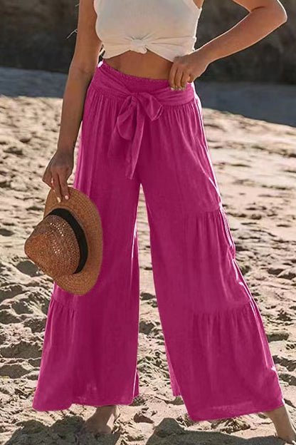 Casual Holiday Solid Bandage Pleats Loose High Waist Wide Leg Solid Color Pants