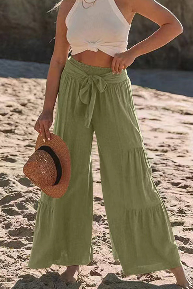 Casual Holiday Solid Bandage Pleats Loose High Waist Wide Leg Solid Color Pants