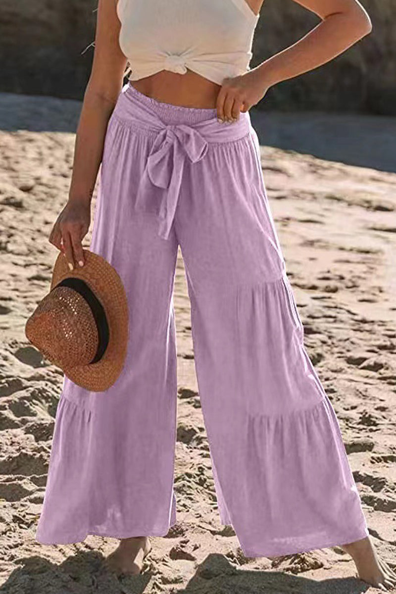 Casual Holiday Solid Bandage Pleats Loose High Waist Wide Leg Solid Color Pants