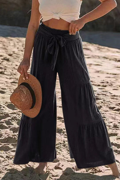 Casual Holiday Solid Bandage Pleats Loose High Waist Wide Leg Solid Color Pants