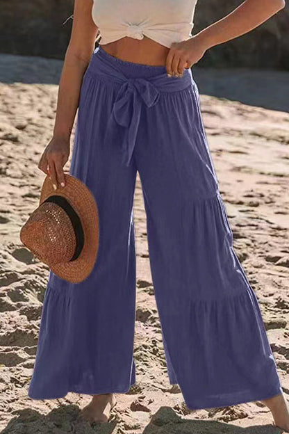 Casual Holiday Solid Bandage Pleats Loose High Waist Wide Leg Solid Color Pants