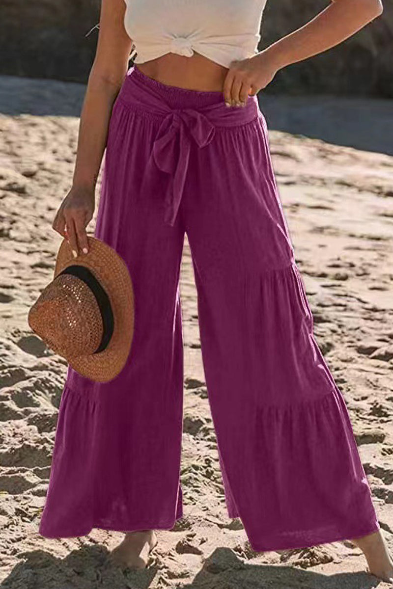 Casual Holiday Solid Bandage Pleats Loose High Waist Wide Leg Solid Color Pants