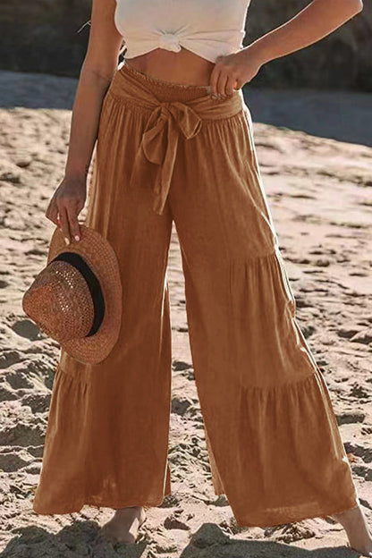 Casual Holiday Solid Bandage Pleats Loose High Waist Wide Leg Solid Color Pants
