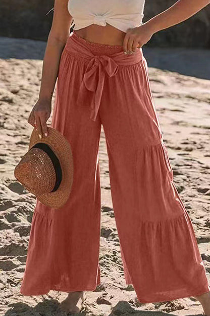 Casual Holiday Solid Bandage Pleats Loose High Waist Wide Leg Solid Color Pants