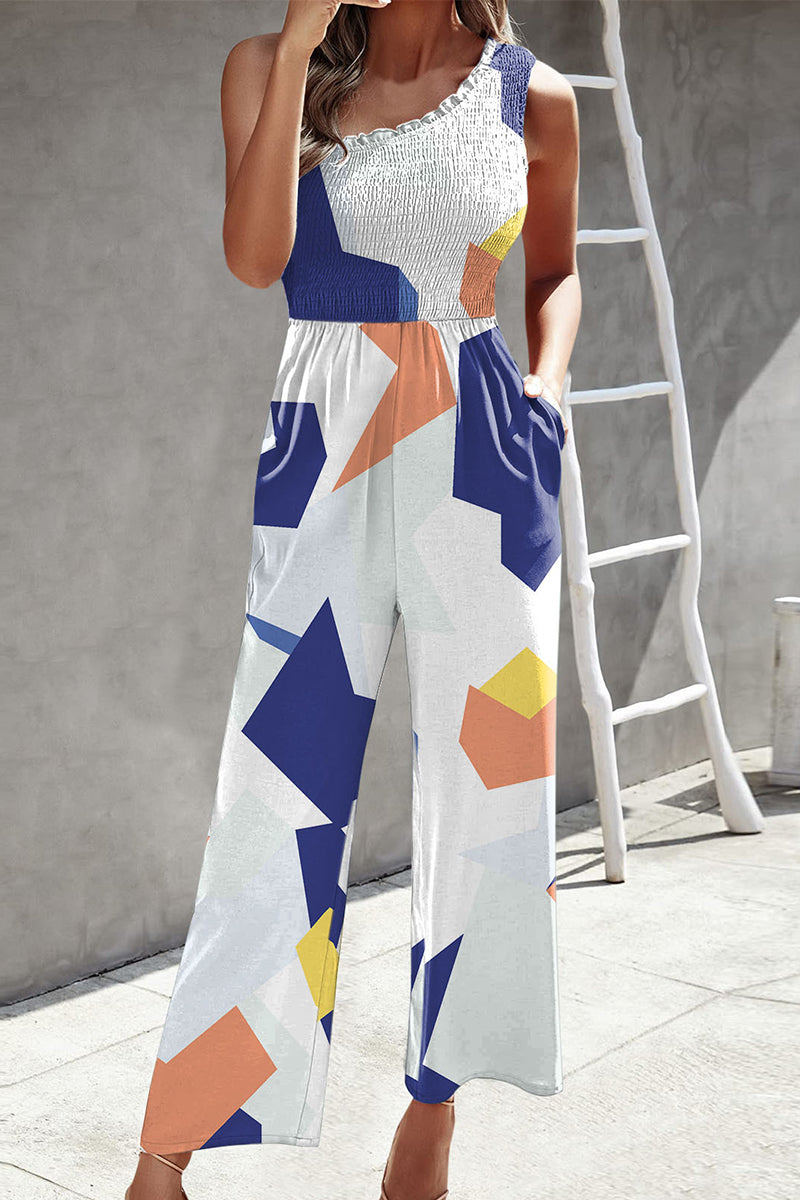 Casual Print Patchwork Bag Bias Collar Loose Jumpsuits with patchwork print.