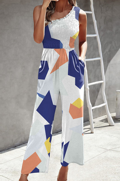 Casual Print Patchwork Bag Bias Collar Loose Jumpsuits with patchwork print.