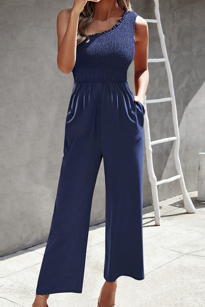 Casual Print Patchwork Bag Bias Collar Loose Jumpsuits with patchwork print.