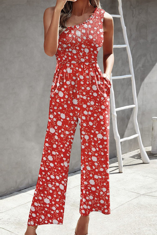 Casual Print Patchwork Bag Bias Collar Loose Jumpsuits with patchwork print.