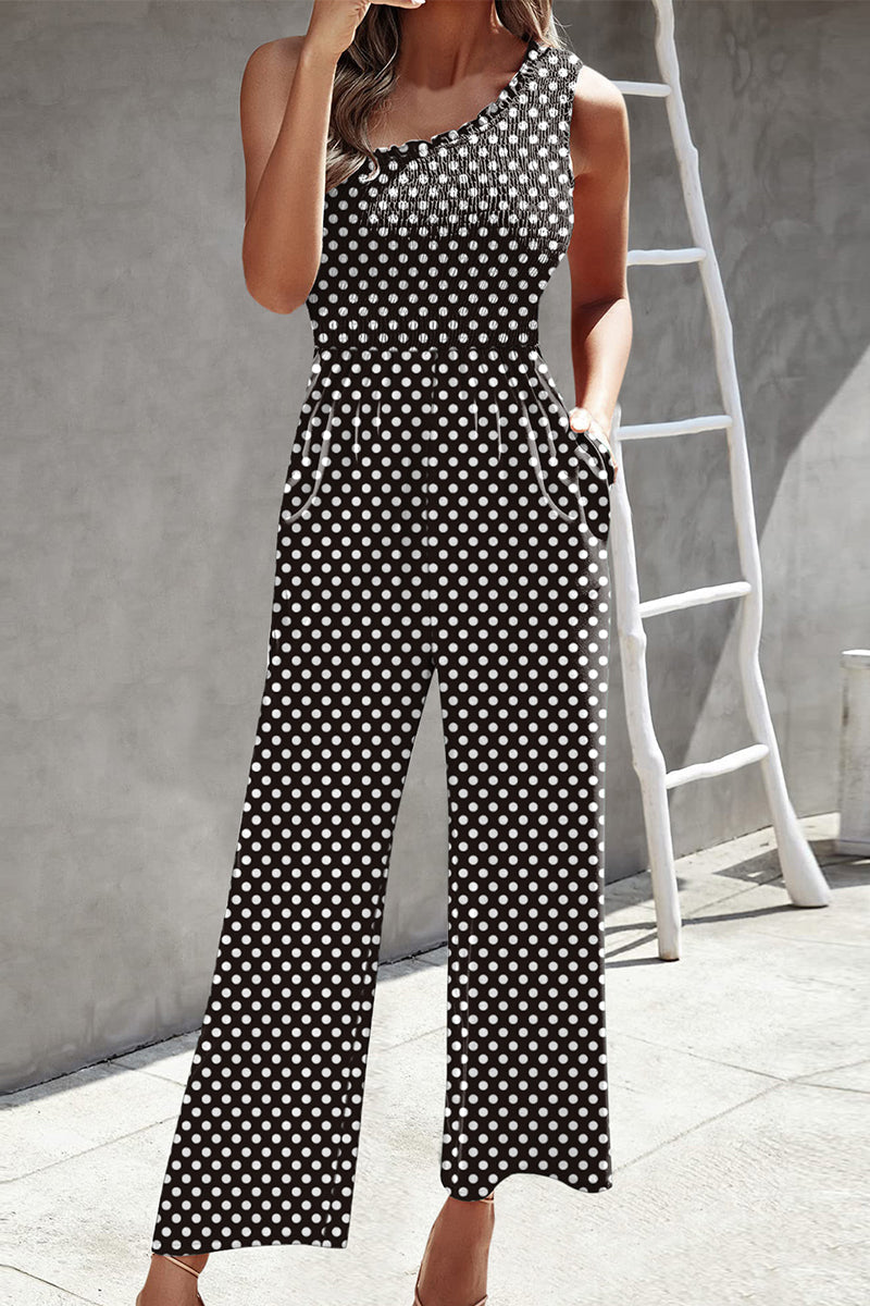 Casual Print Patchwork Bag Bias Collar Loose Jumpsuits with patchwork print.