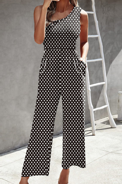 Casual Print Patchwork Bag Bias Collar Loose Jumpsuits with patchwork print.