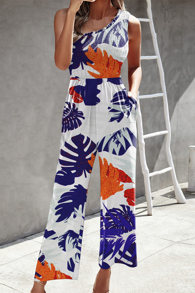 Casual Print Patchwork Bag Bias Collar Loose Jumpsuits with patchwork print.