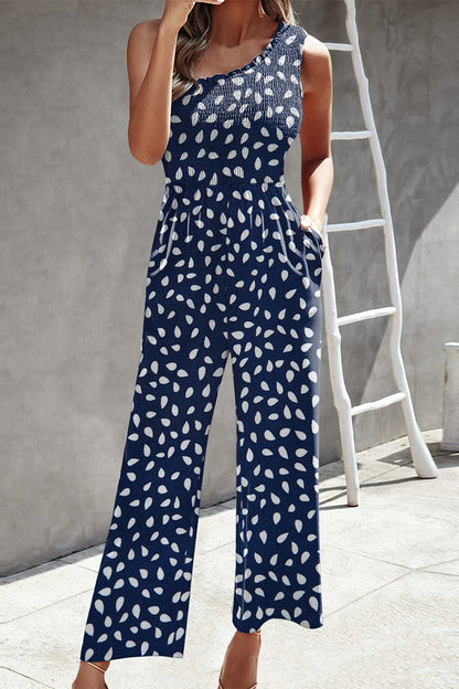 Casual Print Patchwork Bag Bias Collar Loose Jumpsuits with patchwork print.
