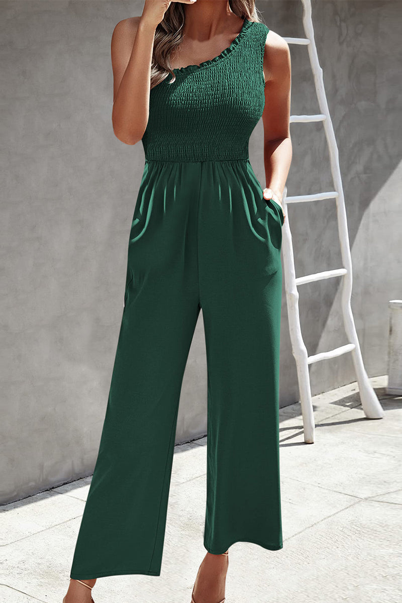 Casual Print Patchwork Bag Bias Collar Loose Jumpsuits with patchwork print.