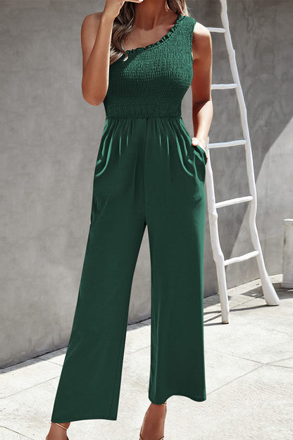 Casual Print Patchwork Bag Bias Collar Loose Jumpsuits with patchwork print.