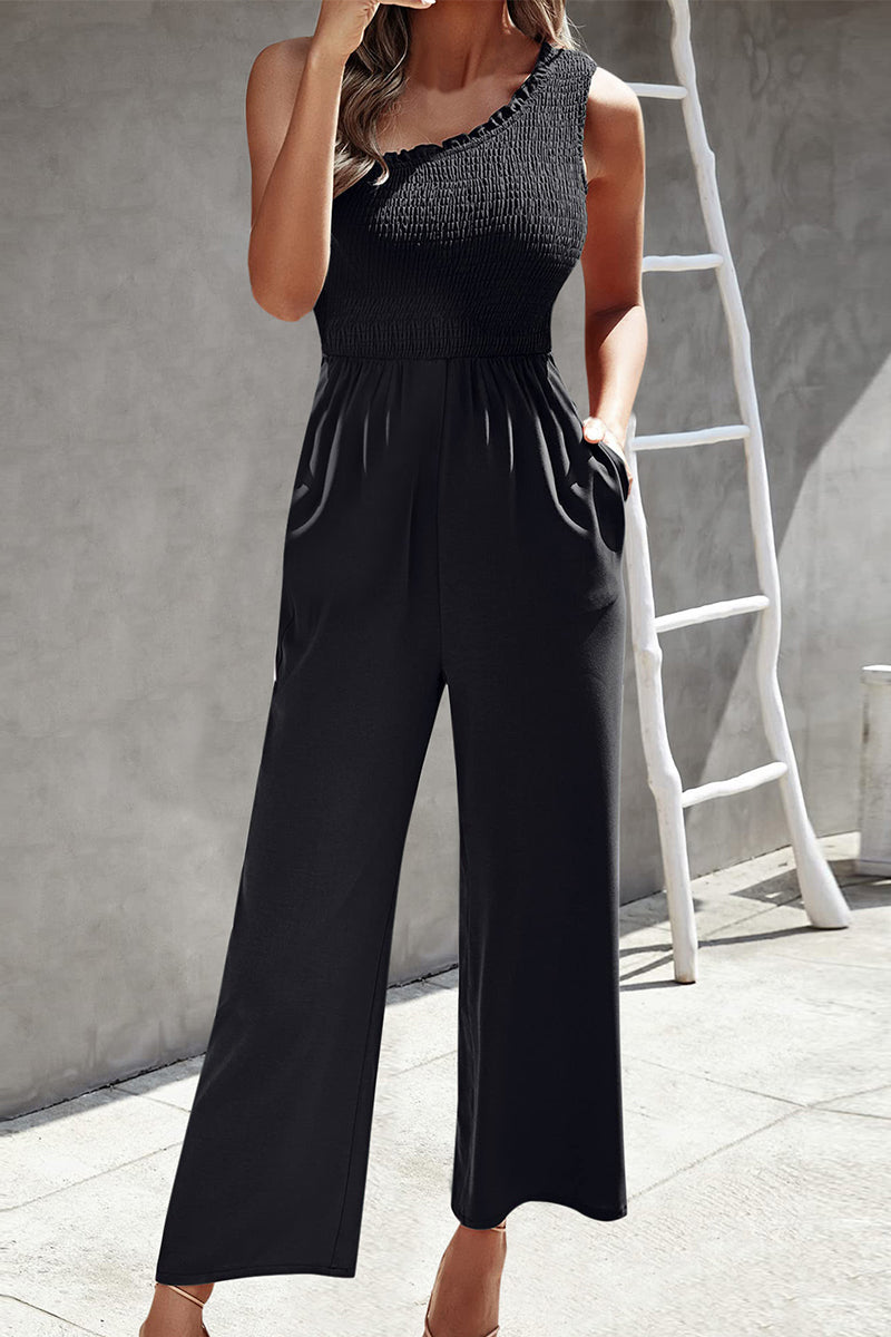 Casual Print Patchwork Bag Bias Collar Loose Jumpsuits with patchwork print.