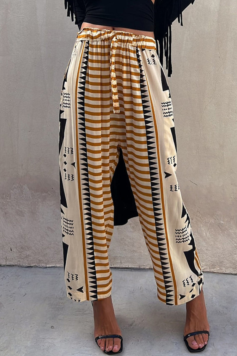 LD Geometric Print Patchwork Loose Mid Waist Harlan Patchwork Pants