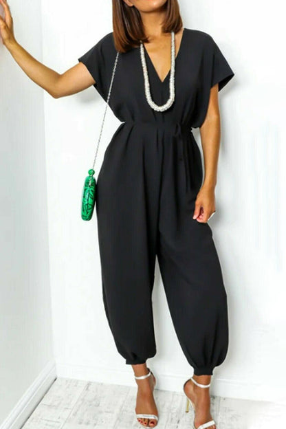 Casual Simplicity Solid Frenulum V Neck Loose Jumpsuits (11 colors)