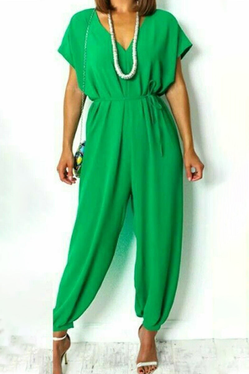 Casual Simplicity Solid Frenulum V Neck Loose Jumpsuits (11 colors)