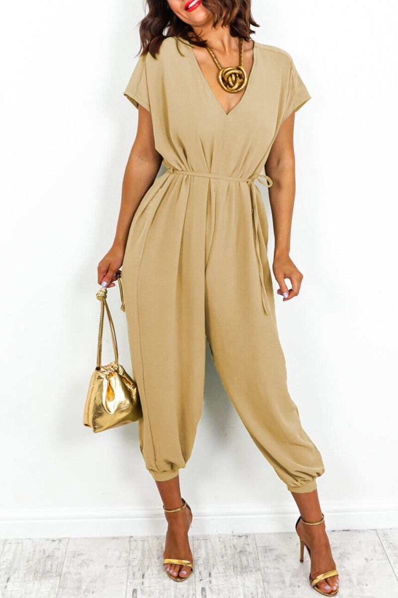 Casual Simplicity Solid Frenulum V Neck Loose Jumpsuits (11 colors)