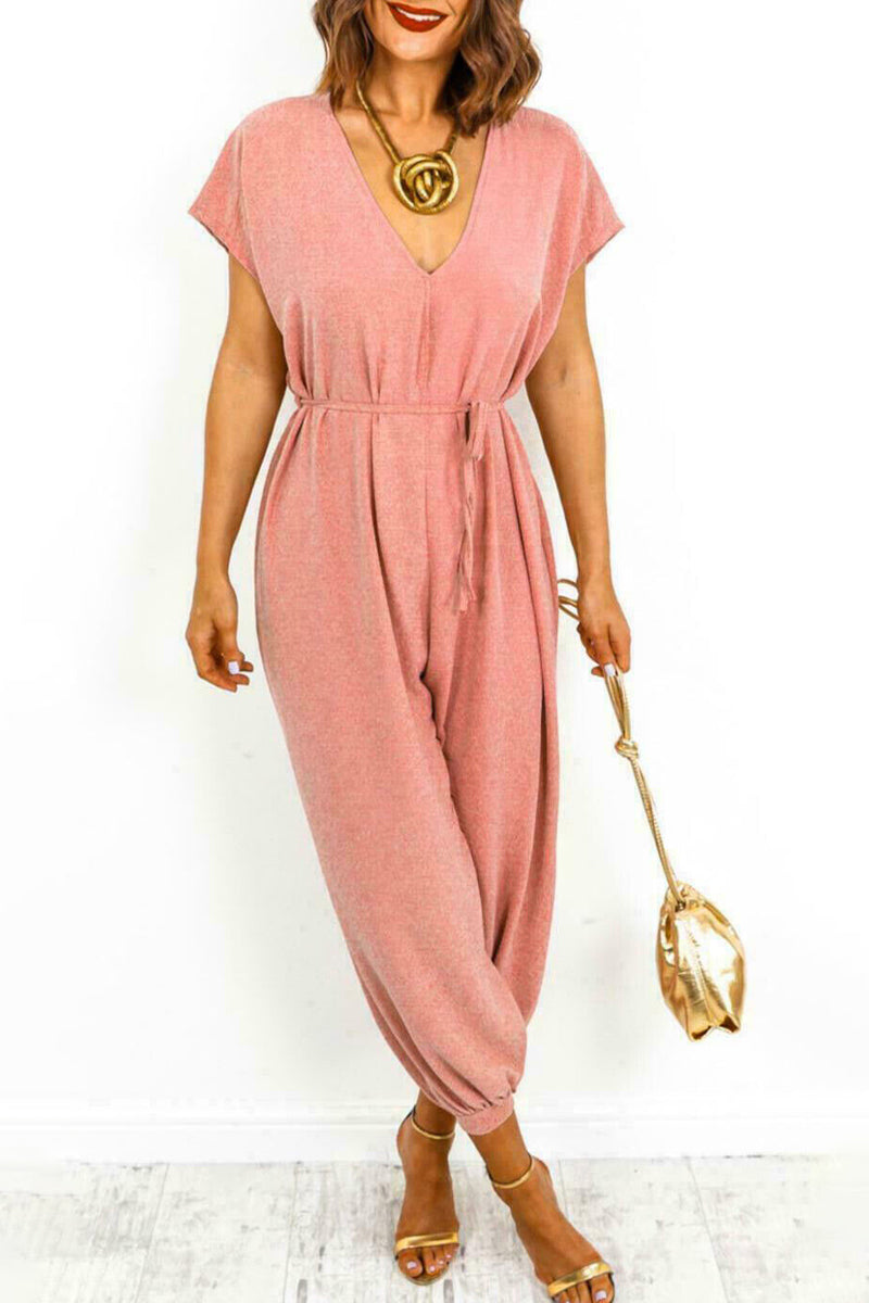 Casual Simplicity Solid Frenulum V Neck Loose Jumpsuits (11 colors)