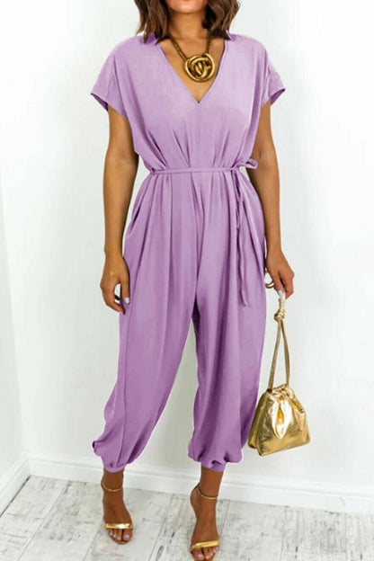 Casual Simplicity Solid Frenulum V Neck Loose Jumpsuits (11 colors)