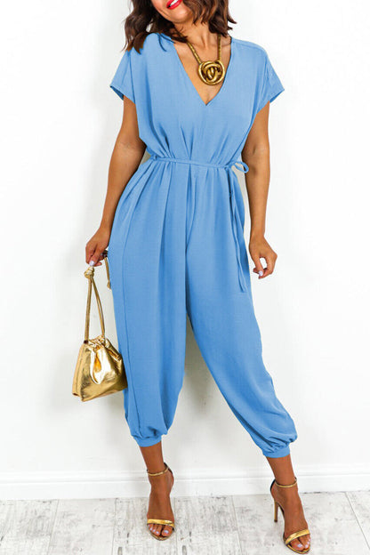 Casual Simplicity Solid Frenulum V Neck Loose Jumpsuits (11 colors)