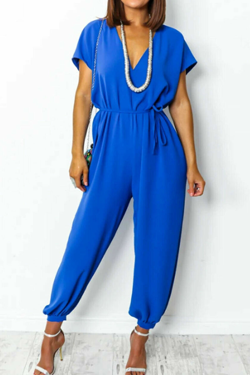 Casual Simplicity Solid Frenulum V Neck Loose Jumpsuits (11 colors)