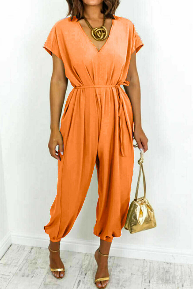 Casual Simplicity Solid Frenulum V Neck Loose Jumpsuits (11 colors)