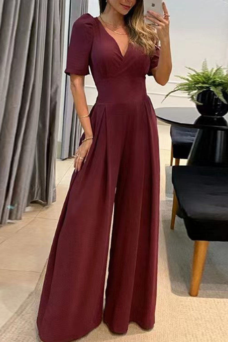 Casual Elegant Fixed Pocket Straight Neck V-Neck Jumpsuits