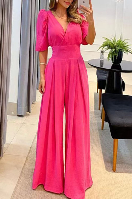 Casual Elegant Fixed Pocket Straight Neck V-Neck Jumpsuits