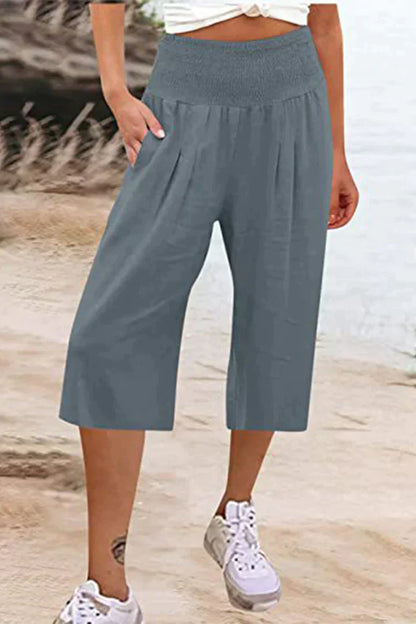 LD plain, unicolored pants with high waist and wide legs, mid-length