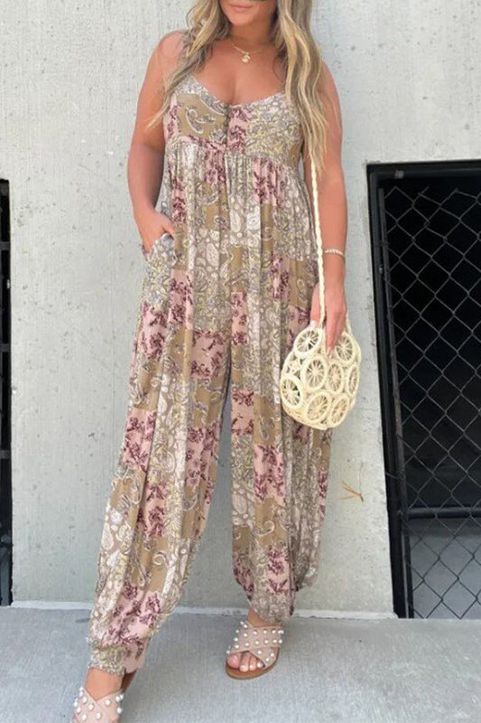 LD Floral V-neck pocket loose-fitting jumpsuits