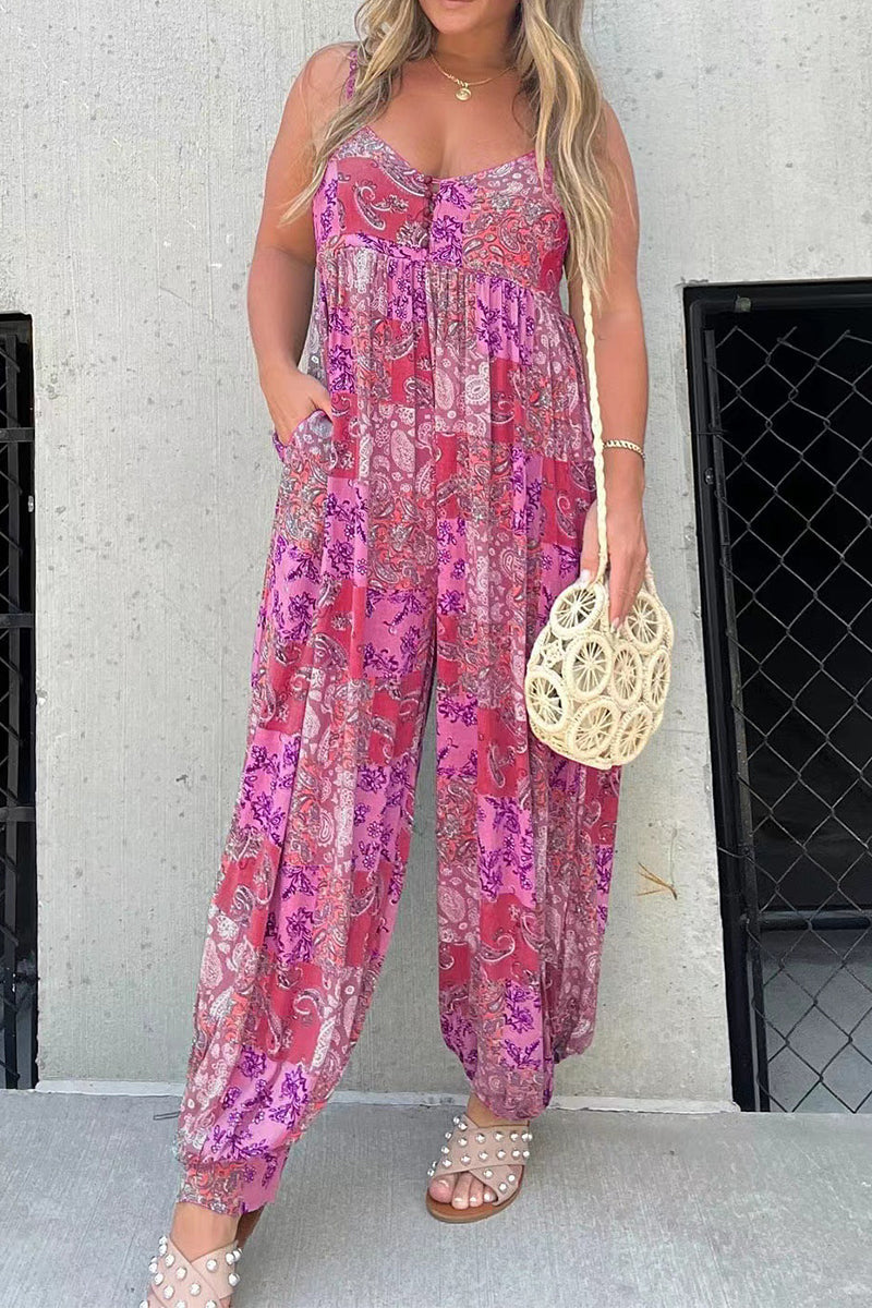 LD Floral V-neck pocket loose-fitting jumpsuits