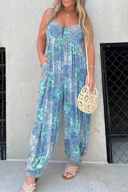 LD Floral V-neck pocket loose-fitting jumpsuits