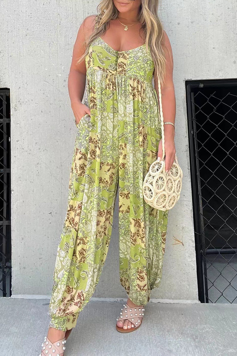 LD Floral V-neck pocket loose-fitting jumpsuits