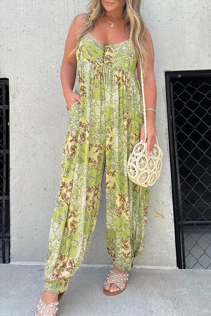 LD Floral V-neck pocket loose-fitting jumpsuits