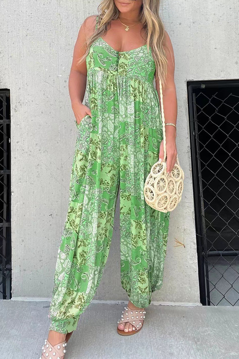 LD Floral V-neck pocket loose-fitting jumpsuits