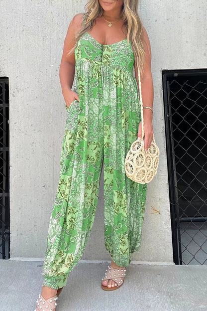 LD Floral V-neck pocket loose-fitting jumpsuits