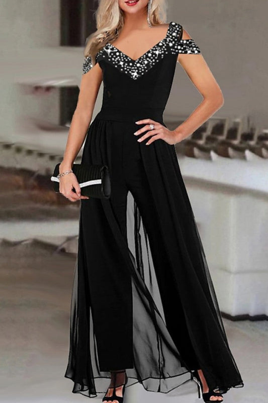 Casual V-neck patchwork print jumpsuits