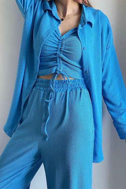 LD Casual Solid Draw String Fold Turndown Collar Long Sleeve Three-Piece (Shirt Vest Pants)